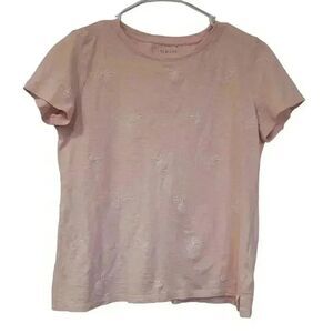 Talbots Women's Pale Pink Cotton Crew Neck Short Sleeve T-Shirt w Embroidered Wh
